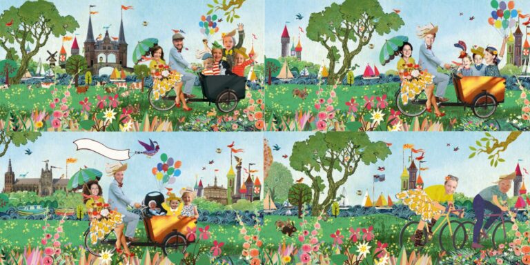 Origineel uniek feest vintage retro poesie nostalgie gezellig vrolijk kleurrijk stoer schattig nostalgisch fantasie creatief art kunst illustratie illustration festival foodtruck bakfiets op de fiets achterop reuzenrad amsterdam rotterdam kijkplaat zoekprent zoekplaat zoekboek kinderboek festival reizen gepersonaliseerd Bloemen dieren bootje gezin familie portret Huwelijk trouwen trouwfeest huwelijksfeest liefdesfeest Gay homo homohuwelijk lesbisch tweevrouwen tweemannen samelove LHTB gay huwelijkskaarten bolide VW kever trouwauto trouwlocatie familieportret