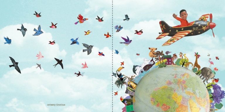 adoptie kaartje met vliegtuigje rondom een wereldbol