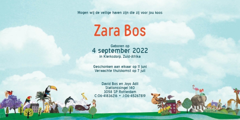 adoptie kaartje met vliegtuigje rondom een wereldbol