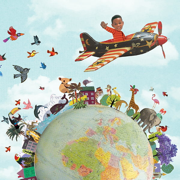 adoptie kaartje met vliegtuigje rondom een wereldbol