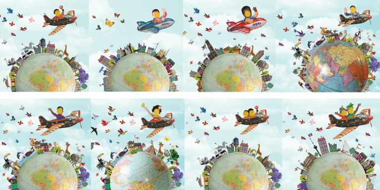 adoptie kaartje met vliegtuigje rondom een wereldbol