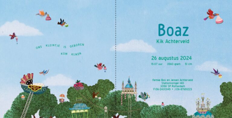 Geboortekaartje, aankondiging, announcement, birth, kaartje, birthcard, card, baby, babycard, Origineel, uniek, feest, vintage, retro, poesie, nostalgie, gezellig, vrolijk, kleurrijk, stoer, schattig,nostalgisch, art, kunst, illustratie, illustration, gouden boekje, kijkplaat, zoekprent, zoekplaat, zoekboek, kinderboek, prentenboek, festival, reizen, gepersonaliseerd, Bloemen, dieren, broer, zus, kindje, sibling, meisje, jongen, genderneutraal, gender, neutraal, cultuur, huidskleur, taart, snoep, eten, lekker, traktatie, boomhut, fantasiekasteel, boomhut, sprookje, vogels, gebakjes, cupcakes, beschuit met muisjes