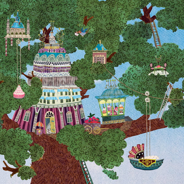 Geboortekaartje met fantasievolle boomhut vol taart en gebak