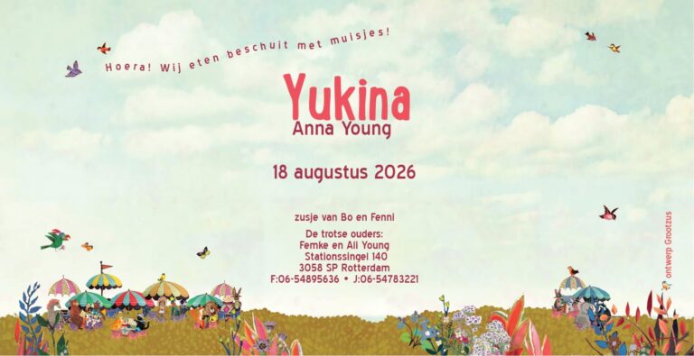 Geboortekaartje, birth announcement, herfst, najaar, festival, zweefmolen, dieren, panda, tijger, alpaca, beer, leeuwin, zebra, ballonnen, slingers, feest, feestelijk, reuzenrad, grappig, schattig, stoer, lief, kleurrijk, vrolijk, parade, vosje, terras, genderneutraal, multiculti,