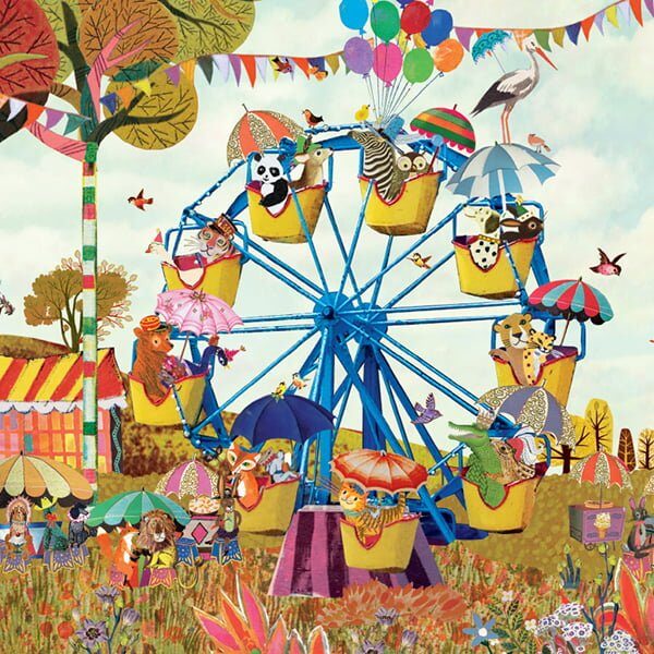 Geboortekaartje, birth announcement, herfst, najaar, festival, zweefmolen, dieren, panda, tijger, alpaca, beer, leeuwin, zebra, ballonnen, slingers, feest, feestelijk, reuzenrad, grappig, schattig, stoer, lief, kleurrijk, vrolijk, parade, vosje, terras, genderneutraal, multiculti,