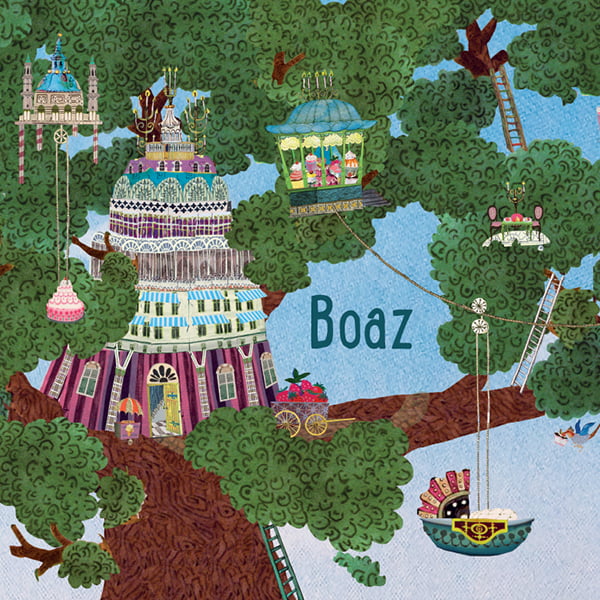 Geboortekaartje met feestelijke boomhut en heel veel taartjes en gebakjes