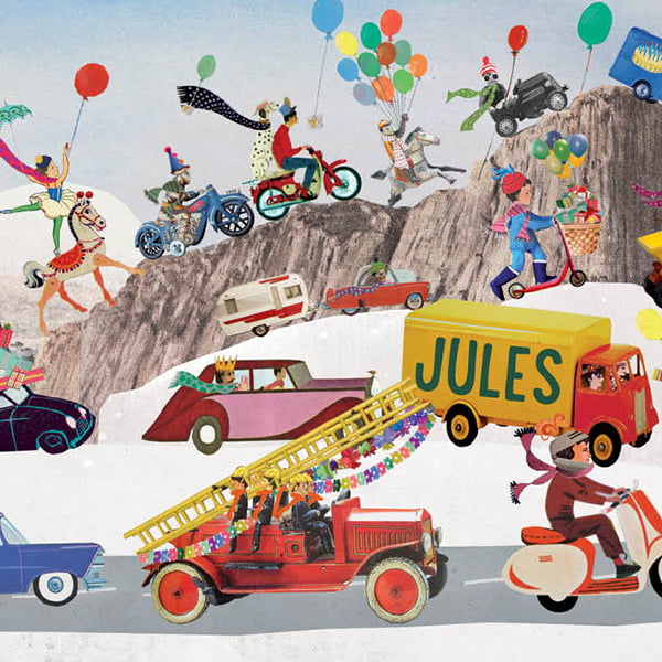 Geboortekaartje met feestelijke stoet voertuigen en naam op vrachtwagen in de sneeuw