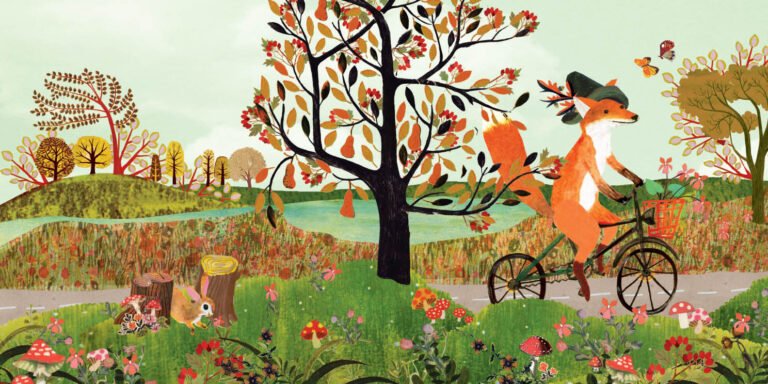 Geboortekaartje met grappig en vrolijk vosje op een fiets in herfst landschap