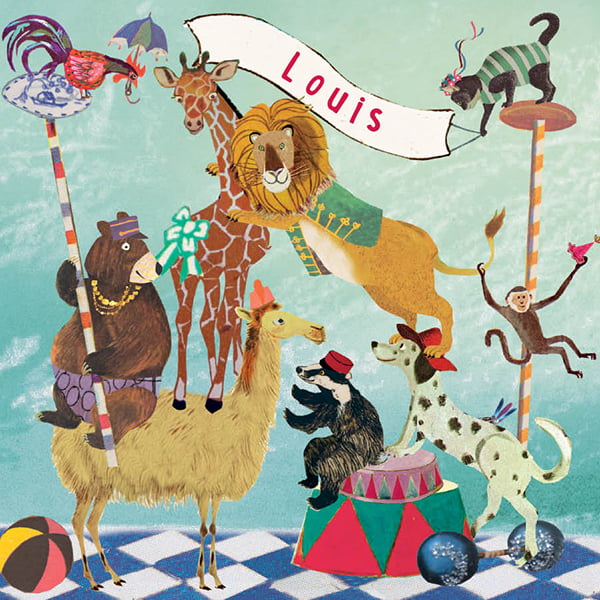 Geboortekaartje met grappige vintage circus dieren toren met vaantje