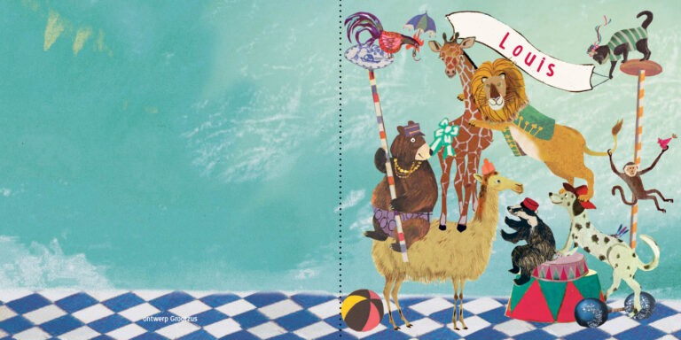 Geboortekaartje met grappige vintage circus dieren toren met vaantje