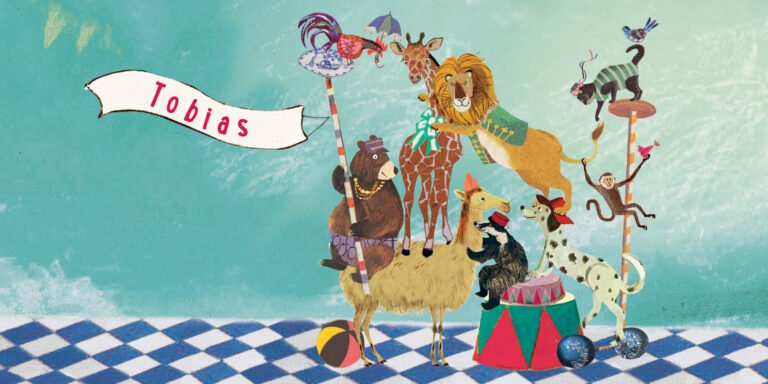 Geboortekaartje met grappige vintage circus dieren toren met vaantje