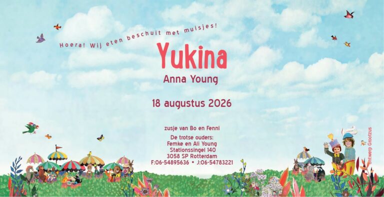 Geboortekaartje, birth announcement, zomer, festival, zweefmolen, dieren, panda, tijger, alpaca, beer, leeuwin, zebra, ballonnen, slingers, feest, feestelijk, reuzenrad, grappig, schattig, stoer, lief, kleurrijk, vrolijk, parade, vosje, terras, genderneutraal, multiculti,
