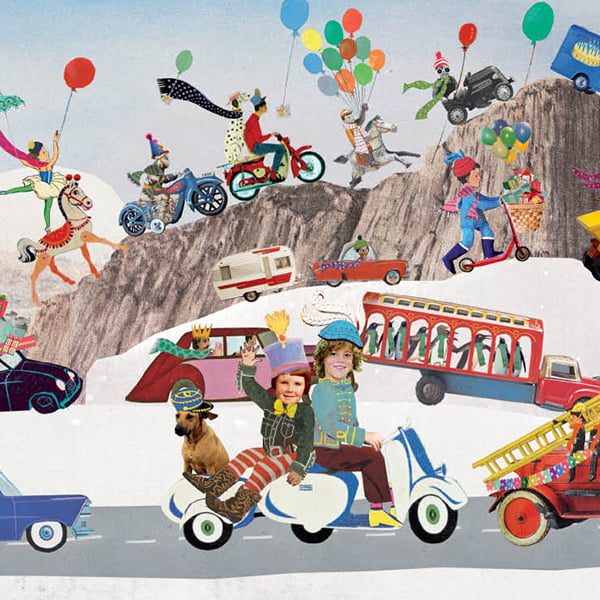 Geboortekaartje met grote broer zus in winterse autoparade met ballonnen