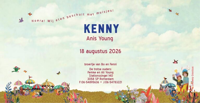 Geboortekaartje, birth announcement, herfst, najaar, festival, zweefmolen, dieren, panda, tijger, alpaca, beer, leeuwin, zebra, ballonnen, slingers, feest, feestelijk, reuzenrad, grappig, schattig, stoer, lief, kleurrijk, vrolijk, parade, vosje, terras, genderneutraal, multiculti,