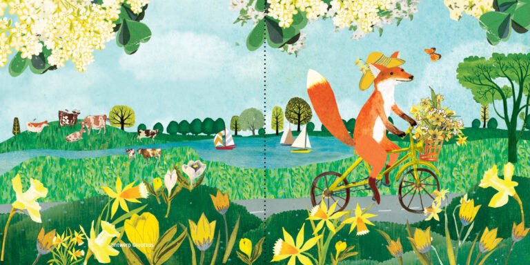 Geboortekaartje met vrolijk vosje op een fiets in voorjaar met zeilbootjes en narcissen