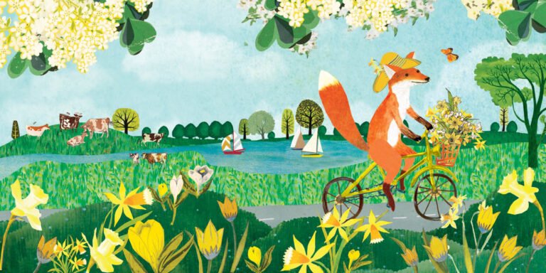 Geboortekaartje met vrolijk vosje op een fiets in voorjaar met zeilbootjes en narcissen