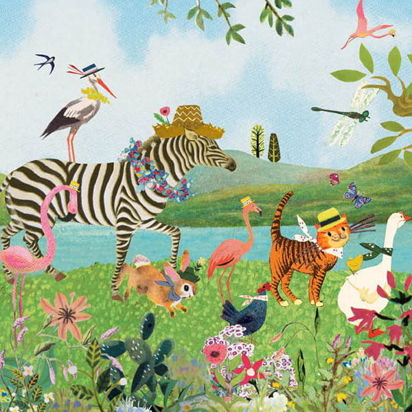 Geboortekaartje met vrolijke dieren parade in zomer landschap