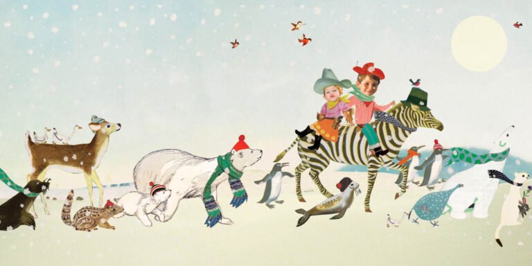 Geboortekaartje met vrolijke dierenparade en trotse broer en zus in winterlandschap