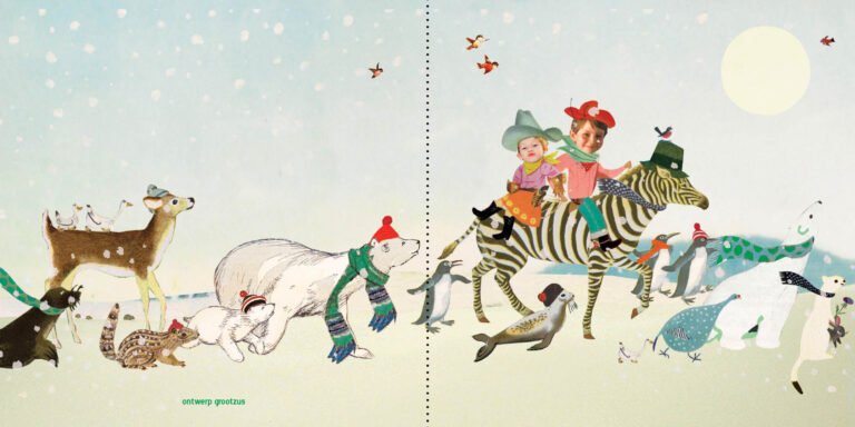 Geboortekaartje met vrolijke dierenparade en trotse broer en zus in winterlandschap