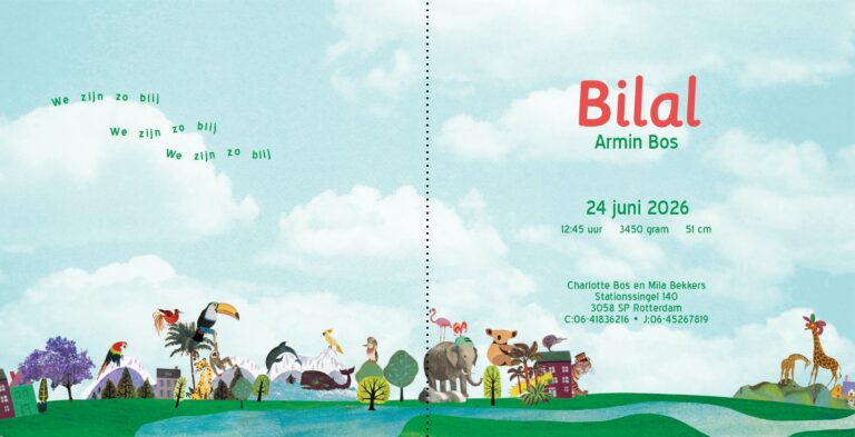 geboortekaartje, birth announcement, multiculti, multi cultureel, wereldbol, wereld, aarde, globe, vrolijk, vintage, nostalgisch, grappig, stoer, lief, hip, ooievaar, Suriname, Marokkaans, islamitisch, dieren, wereldburger, vogels, olifant, koala, giraffe, mooie wereld,