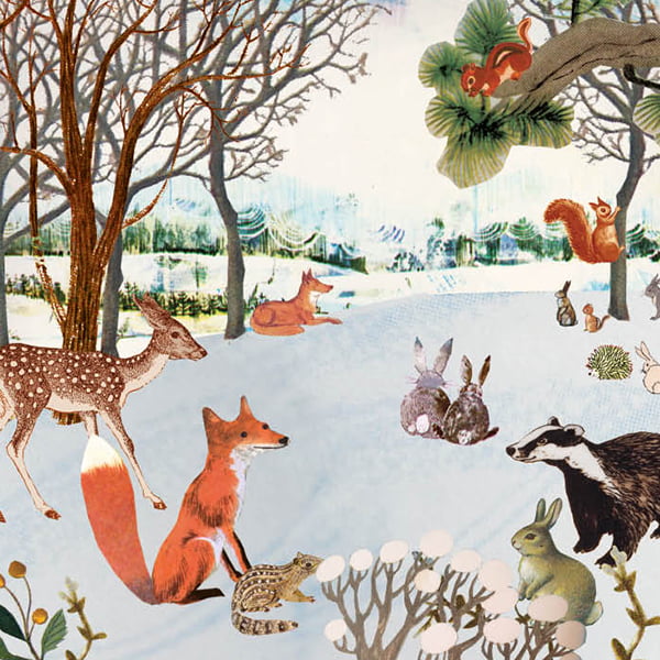 Geboortekaartje met winter landschap en hertjes konijnen vosjes