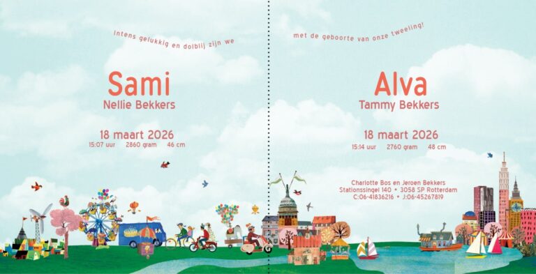 Tweeling kaartje tweeling drieling meerling twin Geboortekaartje aankondiging announcement birth kaartje birthcard card baby babycard Origineel uniek feest vintage retro poesie nostalgie gezellig vrolijk kleurrijk stoer schattig nostalgisch fantasie creatief art kunst illustratie illustration kijkplaat zoekprent zoekplaat zoekboek kinderboek festival reizen gepersonaliseerd Bloemen dieren broer zus kindje meisje jongen genderneutraal gender neutraal cultuur huidskleur zwart donker Turks Chinees halfbloed Marokkaans Surinaams Antilliaans buiten huis stad dorp landschap Groningen utrecht amsterdam Haarlem Groningen den Bosch kerk stadhuis eigen huis bootjes architectuur icoon lente bloesem Japanse kers voorjaar