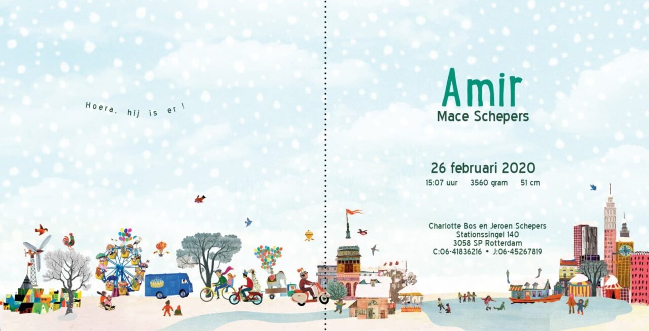 Geboortekaartje aankondiging announcement birth kaartje birthcard card baby babycard Origineel uniek feest vintage retro poesie nostalgie gezellig vrolijk kleurrijk stoer schattig nostalgisch fantasie creatief art kunst illustratie illustration kijkplaat zoekprent zoekplaat zoekboek kinderboek festival reizen gepersonaliseerd Bloemen dieren broer zus kindje meisje jongen genderneutraal gender neutraal cultuur huidskleur zwart donker Turks Chinees halfbloed Marokkaans Surinaams Antilliaans buiten huis stad dorp landschap Groningen utrecht amsterdam Haarlem Groningen den Bosch kerk stadhuis eigen huis bootjes architectuur icoon winter sneeuw ijspret ijs