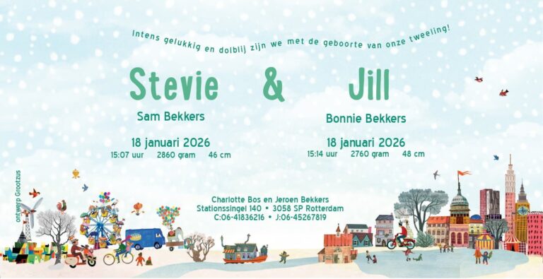 Tweeling kaartje tweeling drieling meerling twin Geboortekaartje aankondiging announcement birth kaartje birthcard card baby babycard Origineel uniek feest vintage retro poesie nostalgie gezellig vrolijk kleurrijk stoer schattig nostalgisch fantasie creatief art kunst illustratie illustration kijkplaat zoekprent zoekplaat zoekboek kinderboek festival reizen gepersonaliseerd Bloemen dieren broer zus kindje meisje jongen genderneutraal gender neutraal cultuur huidskleur zwart donker Turks Chinees halfbloed Marokkaans Surinaams Antilliaans buiten huis stad dorp landschap Groningen utrecht amsterdam Haarlem Groningen den Bosch kerk stadhuis eigen huis bootjes architectuur icoon winter sneeuw ijspret ijs
