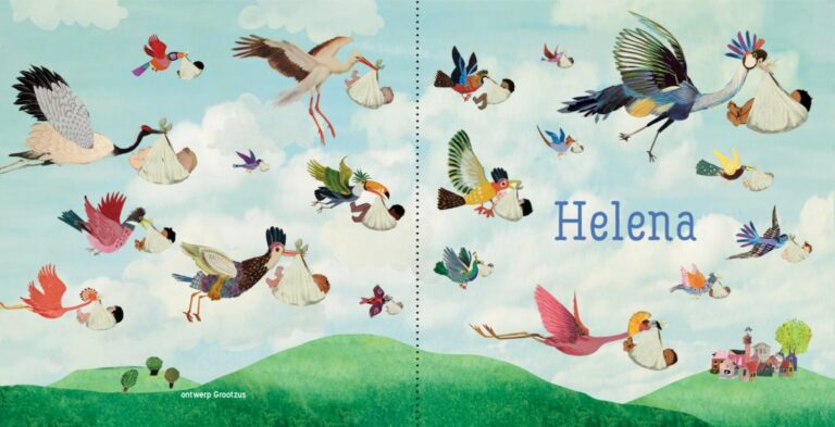 Origineel, uniek, feest, vintage, retro, poesie, nostalgie, gezellig, vrolijk, kleurrijk, stoer, schattig, nostalgisch, fantasie, creatief, art, kunst, illustratie, illustration, kijkplaat, zoekprent, zoekplaat, reizen, gepersonaliseerd, dieren, broer, zus, kindje, meisje, jongen, genderneutraal, gender, neutraal, cultuur, huidskleur, zwart, donker, Turks, Chinees, Marokkaans, Surinaams, Antilliaans, multiculti, multi, culti, ooievaar kraanvogel, vogel, daar komen de kindertjes vandaan, baby, kraam, geboorte