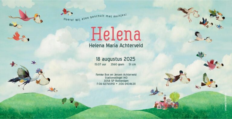 Origineel, uniek, feest, vintage, retro, poesie, nostalgie, gezellig, vrolijk, kleurrijk, stoer, schattig, nostalgisch, fantasie, creatief, art, kunst, illustratie, illustration, kijkplaat, zoekprent, zoekplaat, reizen, gepersonaliseerd, dieren, broer, zus, kindje, meisje, jongen, genderneutraal, gender, neutraal, cultuur, huidskleur, zwart, donker, Turks, Chinees, Marokkaans, Surinaams, Antilliaans, multiculti, multi, culti, ooievaar kraanvogel, vogel, daar komen de kindertjes vandaan, baby, kraam, geboorte