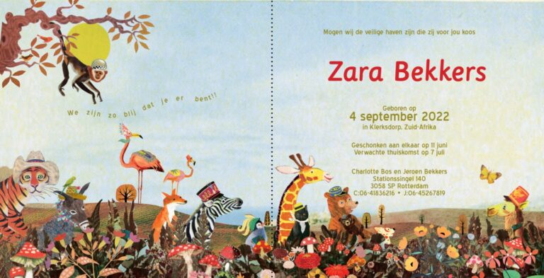 Geboortekaartje aankondiging adoptiefaartje adoptiekaartje aankomst kaartje zie Amerika adoptie aangenomen announcement birth kaartje birthcard card baby babycard Origineel uniek feest vintage retro poesie nostalgie gezellig vrolijk kleurrijk stoer schattig nostalgisch fantasie creatief art kunst illustratie illustration gouden boekje kijkplaat zoekprent zoekplaat zoekboek kinderboek festival reizen gepersonaliseerd Bloemen dieren broer zus kindje meisje jongen genderneutraal gender neutraal cultuur huidskleur zwart donker Turks Chinees halfbloed Marokkaans Surinaams Antilliaans safari bus safari's dieren bigfive giraffe flamingo pinguïn zebra beer ezel hond poes vlinder landschap afrika vosje adoptie herfst paddenstoelen rood met witte stippen bladeren herfst najaar rood warm