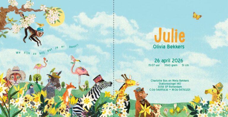 Geboortekaartje aankondiging announcement birth kaartje birthcard card baby babycard Origineel uniek feest vintage retro poesie nostalgie gezellig vrolijk kleurrijk stoer schattig nostalgisch fantasie creatief art kunst illustratie illustration gouden boekje kijkplaat zoekprent zoekplaat zoekboek kinderboek festival reizen gepersonaliseerd Bloemen dieren broer zus kindje meisje jongen genderneutraal gender neutraal cultuur huidskleur zwart donker Turks Chinees halfbloed Marokkaans Surinaams Antilliaans safari bus safari's dieren bigfive giraffe flamingo pinguïn zebra beer ezel hond poes vlinder alpaca landschap afrika vosje lente voorjaar krokus narcis nieuw begin geel groen