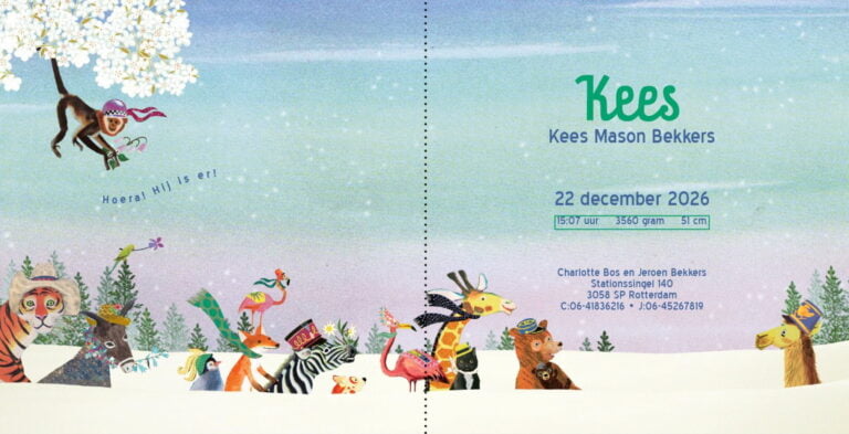 Geboortekaartje aankondiging announcement birth kaartje birthcard card baby babycard Origineel uniek feest vintage retro poesie nostalgie gezellig vrolijk kleurrijk stoer schattig nostalgisch fantasie creatief art kunst illustratie illustration gouden boekje kijkplaat zoekprent zoekplaat zoekboek kinderboek festival reizen gepersonaliseerd Bloemen dieren broer zus kindje meisje jongen genderneutraal gender neutraal cultuur huidskleur zwart donker Turks Chinees halfbloed Marokkaans Surinaams Antilliaans safari bus safari's dieren bigfive giraffe flamingo pinguïn zebra beer ezel hond poes vlinder alpaca landschap afrika vosje winter sneeuw sjaal sjawl