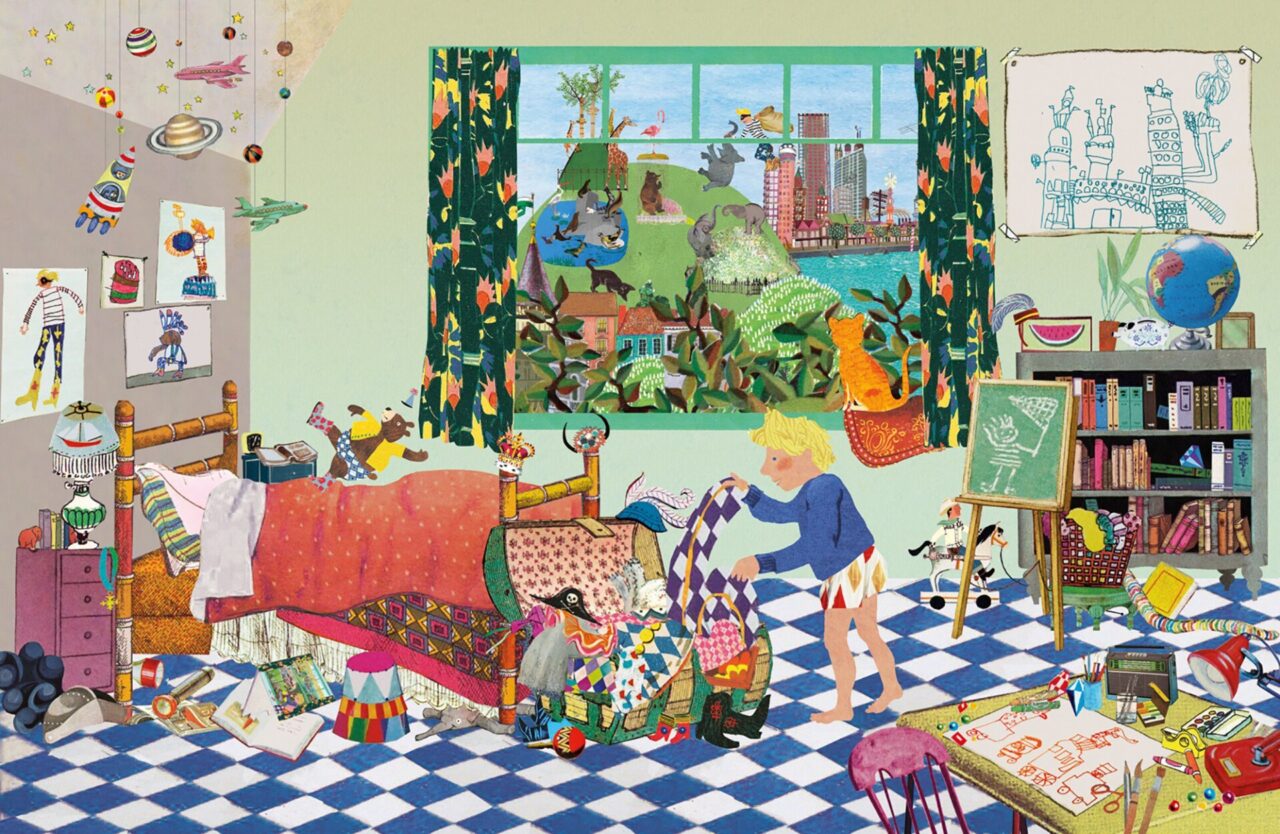 Collage illustratie illustration collegeart rotterdam redactioneel helder ervaren illustrator professioneel eigen stijl eigenstijl vrolijk eigentijds hip vintage nostalgisch kleurrijk kinderboek prentenboek kijkboek zoekboek beer teddybeer dieren dief jongen meisje circus kleurrijk nostalgisch doodgewone dag dierendief dieren flamingo beer kinderboek zoekboek kijkboek rotterdam euromast kinderkamer