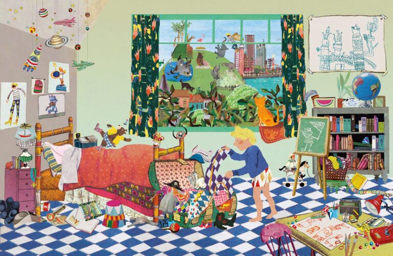 Collage illustratie illustration collegeart rotterdam redactioneel helder ervaren illustrator professioneel eigen stijl eigenstijl vrolijk eigentijds hip vintage nostalgisch kleurrijk kinderboek prentenboek kijkboek zoekboek beer teddybeer dieren dief jongen meisje circus kleurrijk nostalgisch doodgewone dag dierendief dieren flamingo beer kinderboek zoekboek kijkboek rotterdam euromast kinderkamer