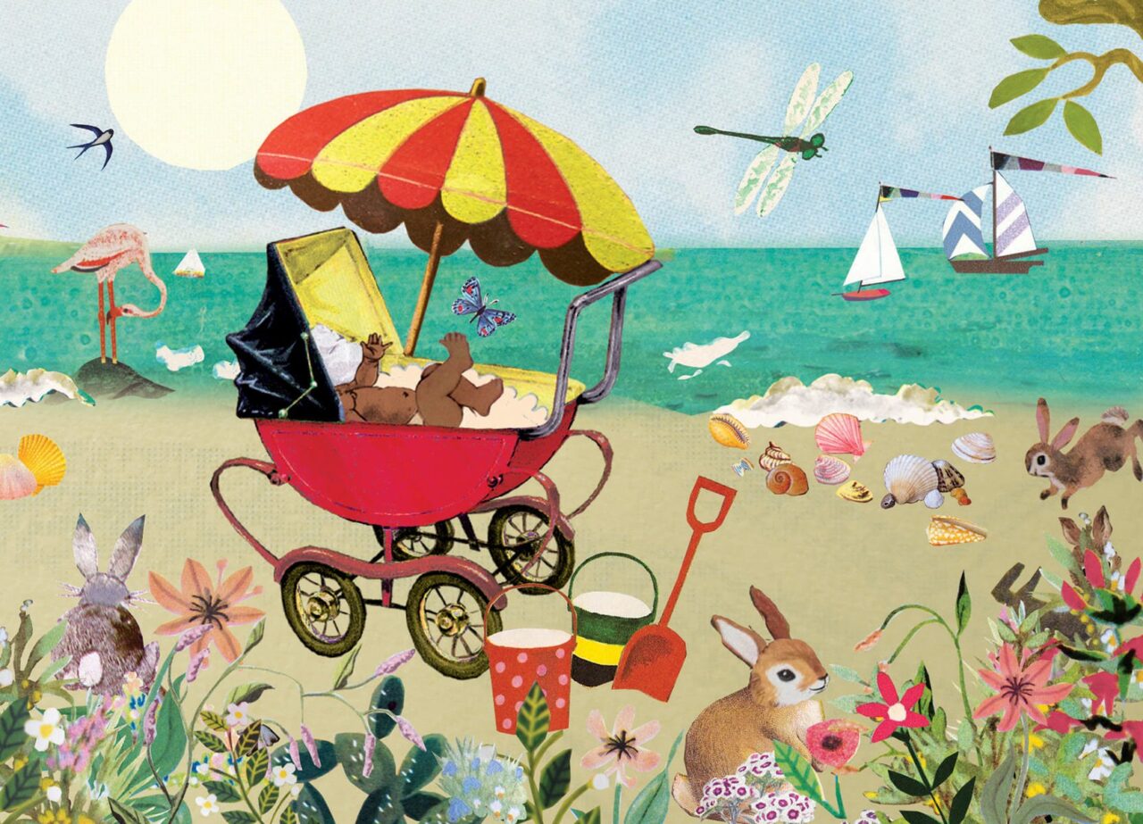 Origineel uniek feest vintage retro poesie nostalgie gezellig vrolijk kleurrijk stoer schattig nostalgisch fantasie creatief art kunst illustratie illustration gouden boekje kijkplaat zoekprent zoekplaat zoekboek kinderboek festival reizen gepersonaliseerd Bloemen dieren broer zus kindje meisje jongen genderneutraal gender neutraal cultuur huidskleur zwart donker Turks Chinees Marokkaans Surinaams Antilliaans ansicht postkaart postcard postcrossing post stationary stationery verjaardag verjaarskaart gefeliciteerd strand zand duinen zee schelpen wagentje Pram stroller baby parasol zomer zon bootjes branding golven