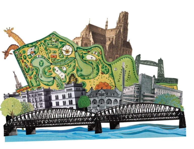 Collage illustratie illustration collegeart rotterdam redactioneel helder ervaren illustrator professioneel eigen stijl eigenstijl vrolijk eigentijds hip vintage nostalgisch kleurrijk tweede wereldoorlog bombardement rotterdam WO2 Duitse bommenwerper heinkel onderzeebootloods museum rotterdam educatief programma kinderen