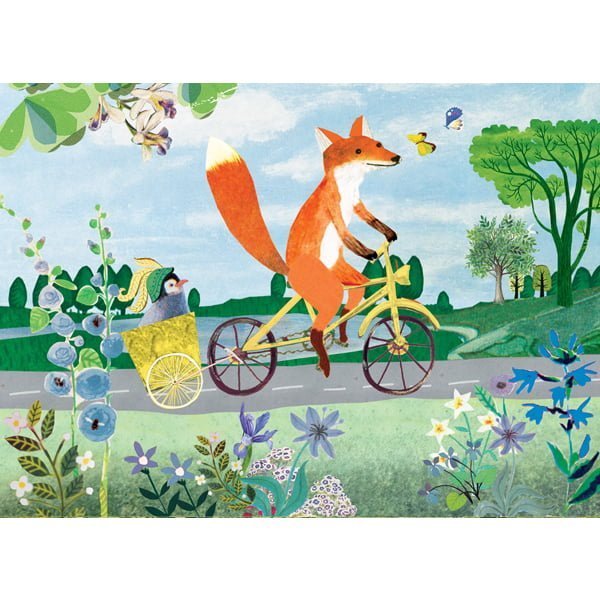 gezellige ansicht kaart met vosje op een fiets met aanhanger met grappige baby pinguïn in fris lente landschap