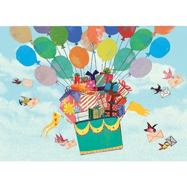 de perfecte verjaardag kaart; ballonnen, cadeaus en post met vogels; kleurrijk en vrolijk