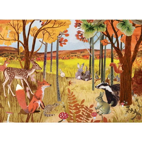 sfeervolle ansichtkaart met herfstbos vol lieve dieren; vosjes, das, herten, konijnen, eekhoorns