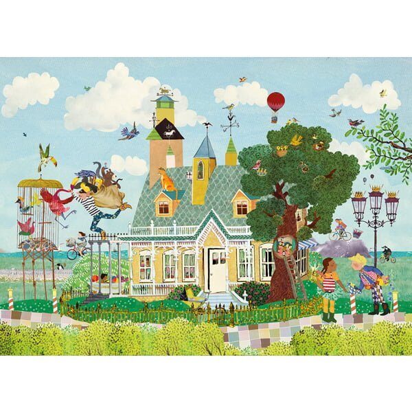 ansicht kaart met illustratie uit kijkboek 'een doodgewone dag' over een dierendief met een fantasievol huis