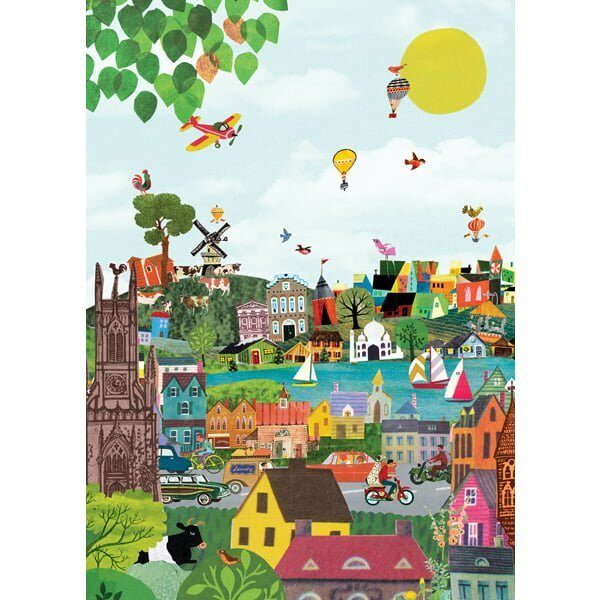 vrolijke en kleurrijke ansichtkaart of poster met landschap met stad of dorp met een rivier bootjes vliegtuigen en luchtballonen; een vrolijke gezellige kaart om te versturen of bij een cadeau te geven