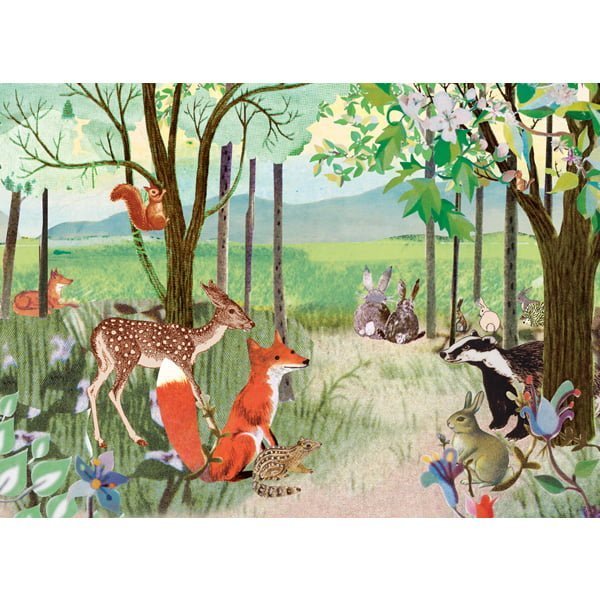 sfeervolle ansichtkaart met fris lente bos en lieve bosdieren zoals herten een vos, das en konijnen