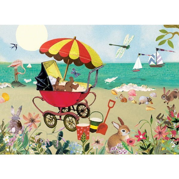 sfeervolle ansicht kaart met vintage wagentje met baby en zonnige parasol een een heerlijk strand