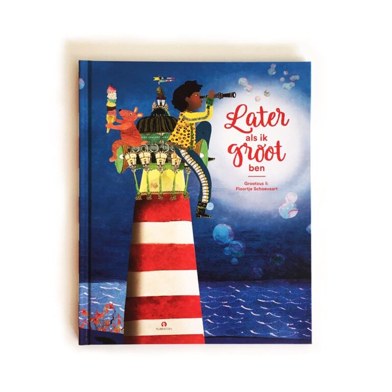 later als ik groot ben kinderboek prentenboek Rubinstein Floortje Schoevaart Sesamstraat wensen dromen alles wat ik worden wil Kinderboekenweek 2021 cpnb ver van hier kleine kapitein inclusief kleuters toddlers vuurtoren groot groeien vuurtoren collage illustratie vintage beer ijs snoep vrolijk grappig moskee vliegende giraffe kerk tempel kreeft vissen fantasie neushoorn aap vos ijsbeer penguin panter cheetah trap afglijden olifant