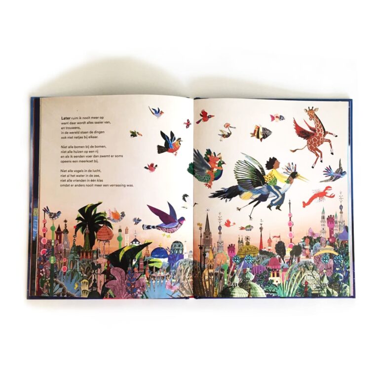 later als ik groot ben kinderboek prentenboek Rubinstein Floortje Schoevaart Sesamstraat wensen dromen alles wat ik worden wil Kinderboekenweek 2021 cpnb ver van hier kleine kapitein inclusief kleuters toddlers vuurtoren groot groeien vuurtoren collage illustratie vintage beer ijs snoep vrolijk grappig moskee vliegende giraffe kerk tempel kreeft vissen fantasie