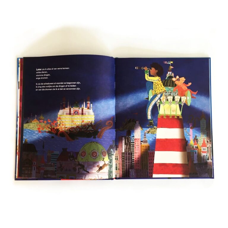 later als ik groot ben kinderboek prentenboek Rubinstein Floortje Schoevaart Sesamstraat wensen dromen alles wat ik worden wil Kinderboekenweek 2021 cpnb ver van hier kleine kapitein inclusief kleuters toddlers vuurtoren groot groeien vuurtoren collage illustratie vintage beer ijs snoep vrolijk grappig
