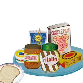 jeugdhulpverleners Amstel Zaan jong magazine professionals in de jeugdzorg content beat amsterdam omstreken jeugd zorg psychiatrie illustratie professioneel collage editorial psychiatrie medicatie ritalin oxazepam clozapine fluoxetine lithium vruchtenhagel Nutella broodbeleg Capri Sun gedwongen medicatie gedwongen behandeling jeugd kind