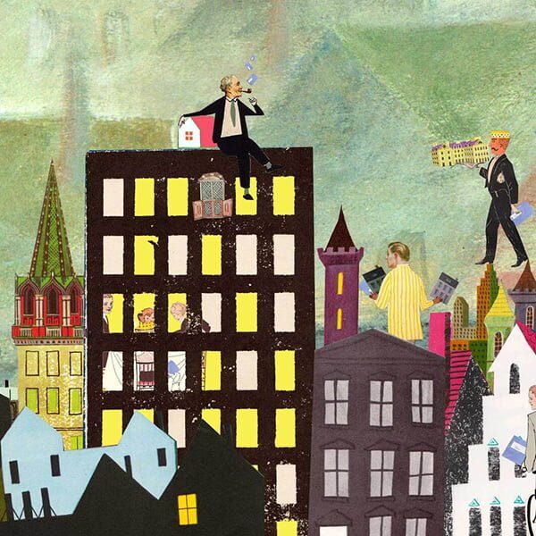 belastingdienst belasting betalen consument illustratie editorial consumentenbond collage stad wonen types mensen bewoners goede illustratie professioneel