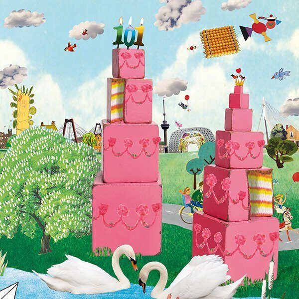 montessori maria montessori roze toren bruine trap jubileum schoolkrant magazine montessori materiaal illustraties grootzus collages feest taart taartpunt vieren